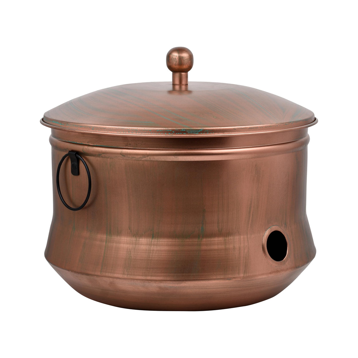 LifeSmart hose storage pot with lid front view, rustic copper finish adds outdoor charm