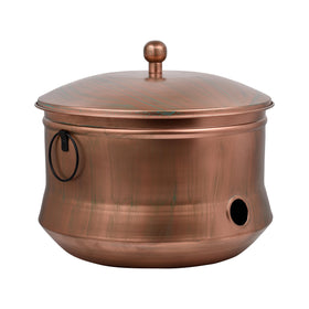 LifeSmart hose storage pot with lid front view, rustic copper finish adds outdoor charm
