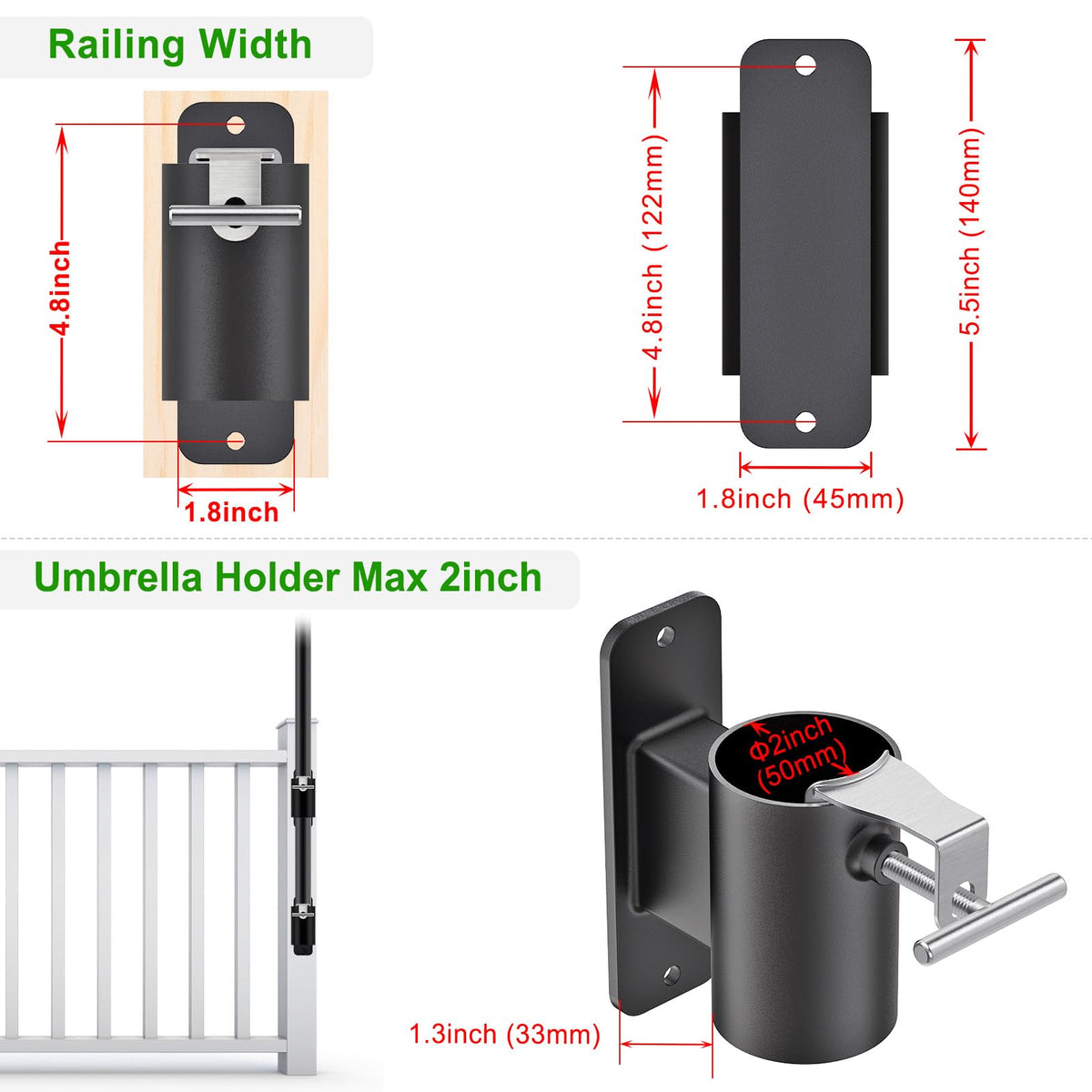 Lifeswell railing-mount umbrella stand fits 1-2 inch poles for space-saving shade.