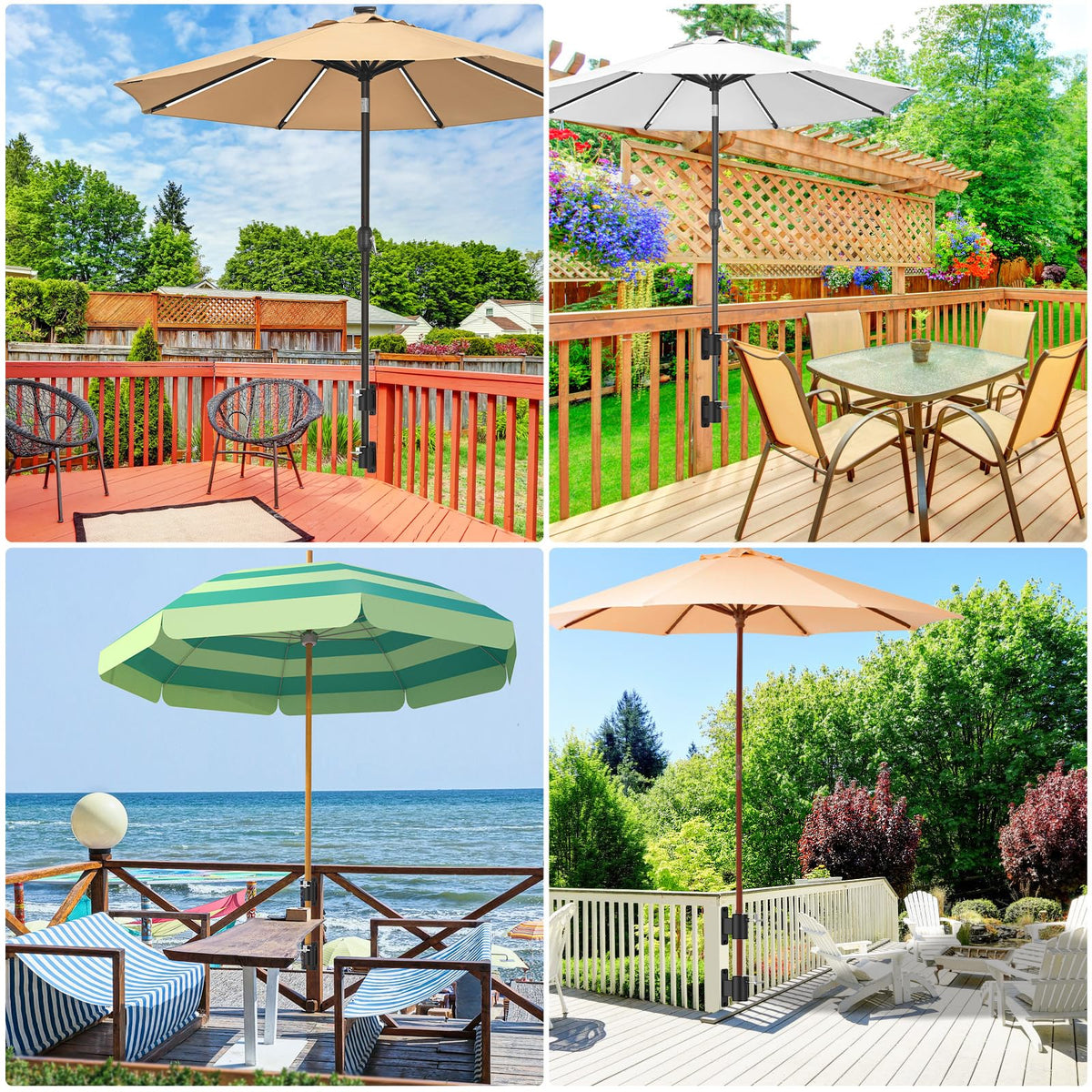 Lifeswell secure-fastening deck rail umbrella holder keeps your umbrella stable.