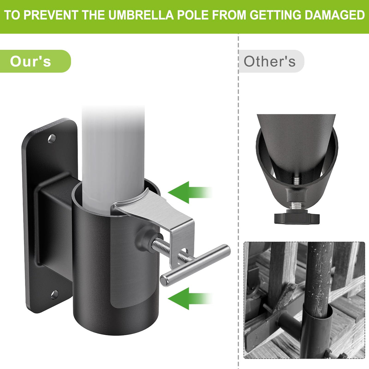 Lifeswell welded construction umbrella holder offers a sturdy deck rail mount.