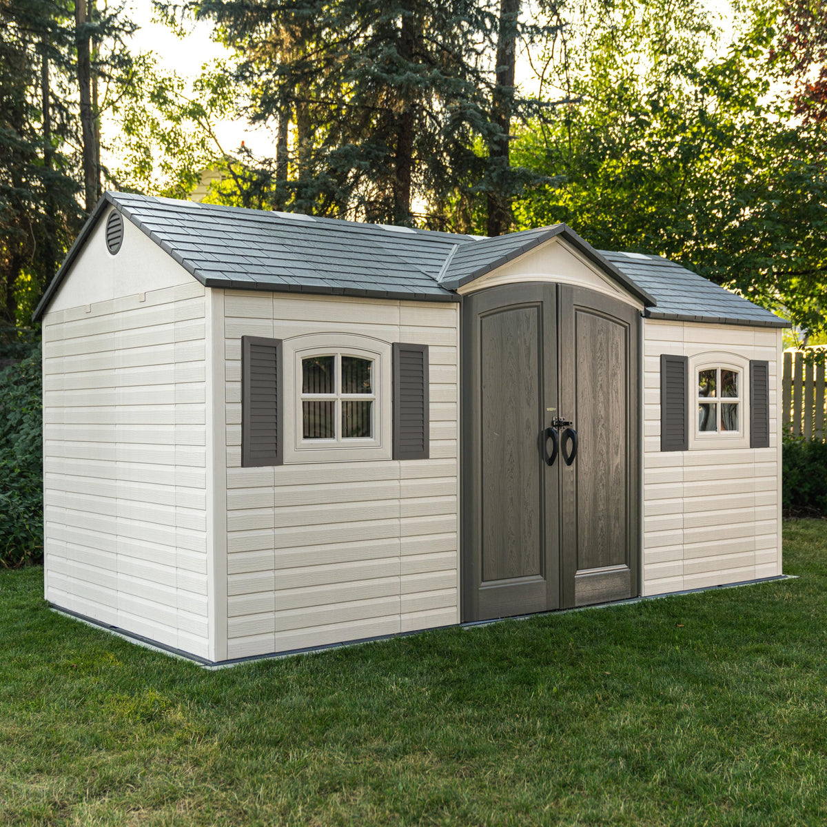 Lifetime 15x8 shed central doors provide easy access to gear.
