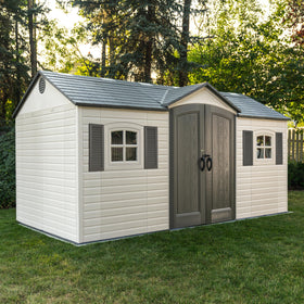 Lifetime 15x8 shed central doors provide easy access to gear.