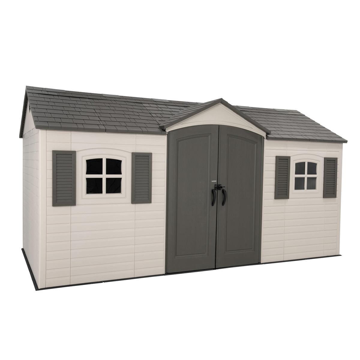 Lifetime 15x8 shed exterior in desert sand offers durable outdoor storage.