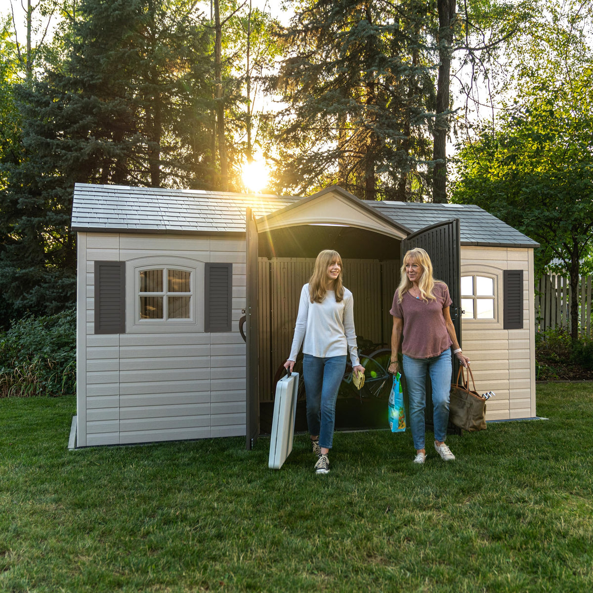 Lifetime 15x8 shed interior with shelves supports flexible organization.