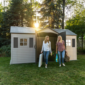 Lifetime 15x8 shed interior with shelves supports flexible organization.