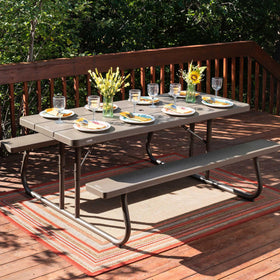 Table comfortably seats up to eight for gatherings.