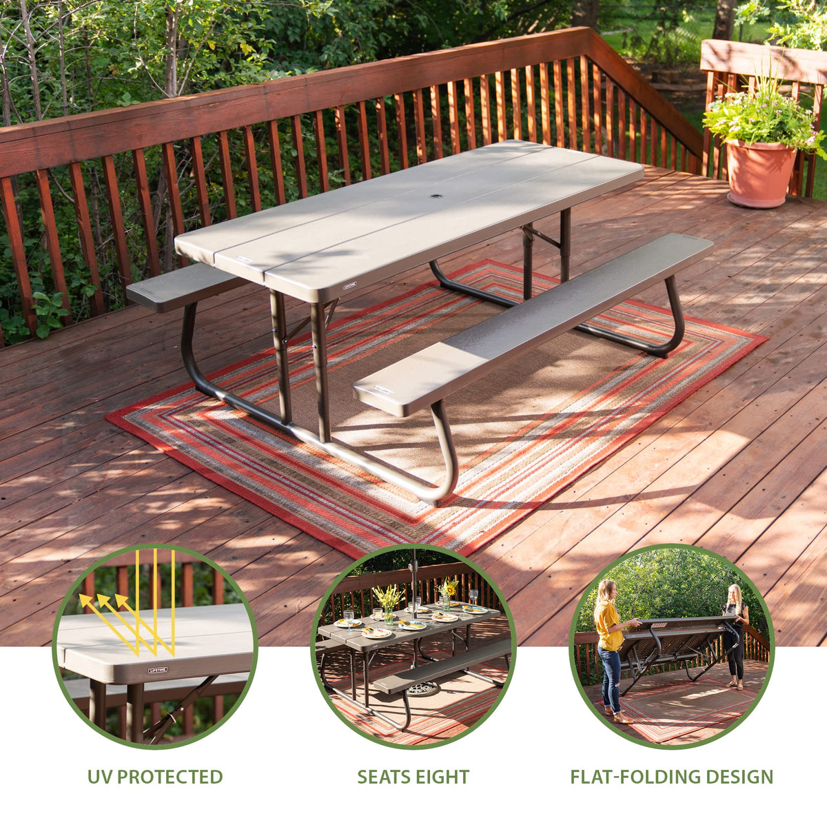 Lifetime table includes 1.7 inch umbrella hole for shaded dining.