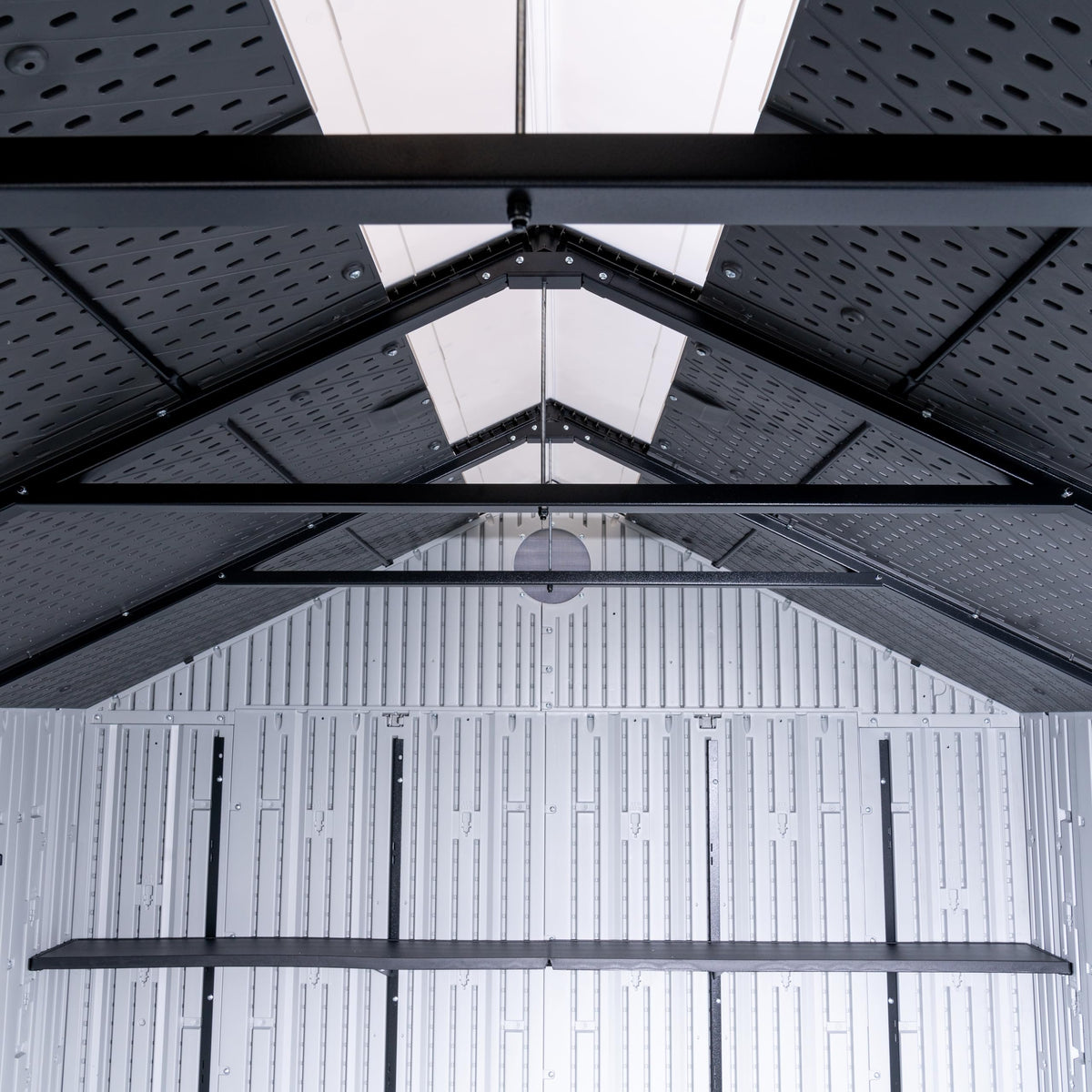 Lifetime 8x10 shed door closeup lock highlights secure storage option
