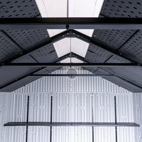 Lifetime 8x10 shed door closeup lock highlights secure storage option