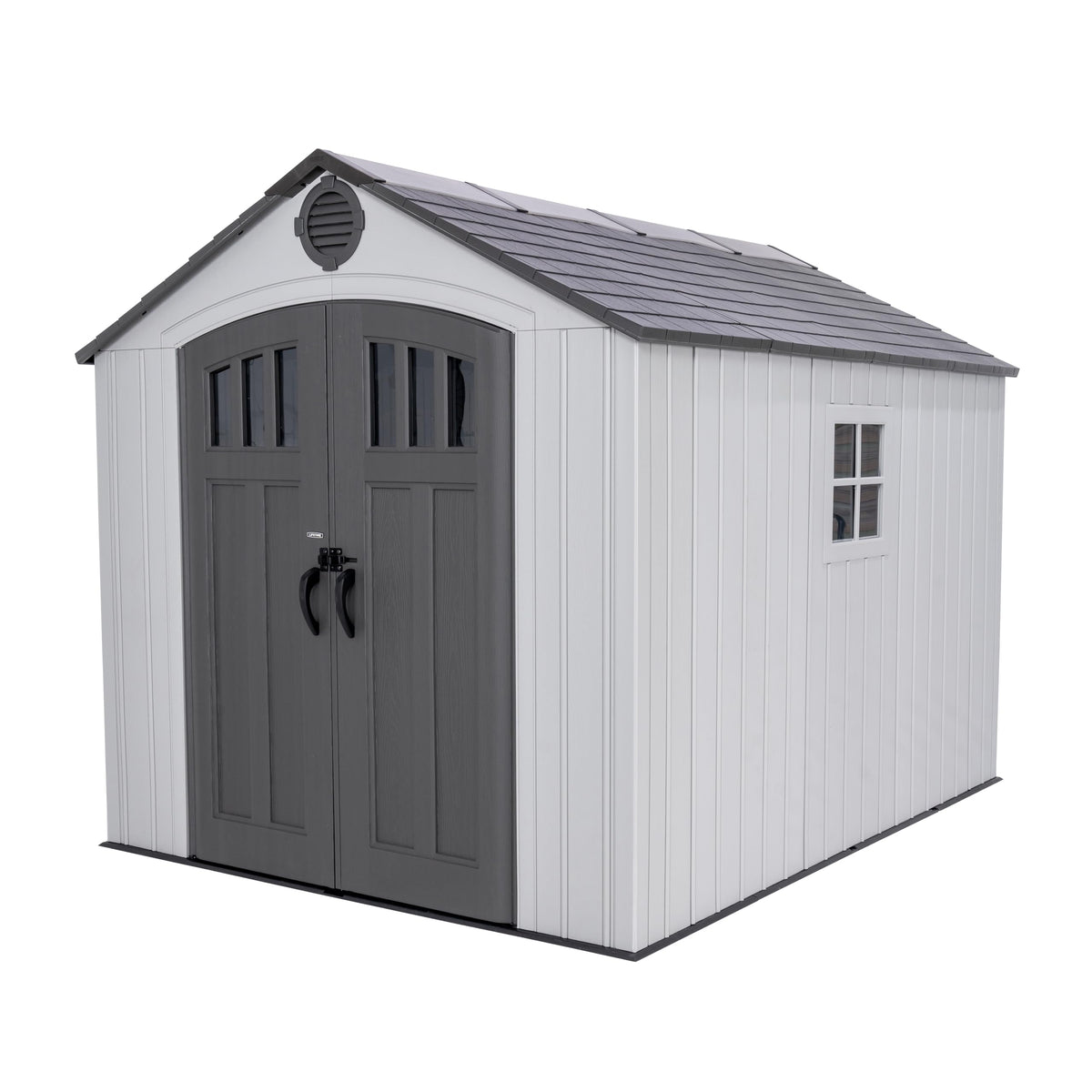 Lifetime 8x10 shed front view shows roomy interior for tools and gear