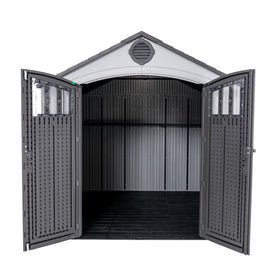 Lifetime 8x10 shed side view highlights steel reinforced walls for durability