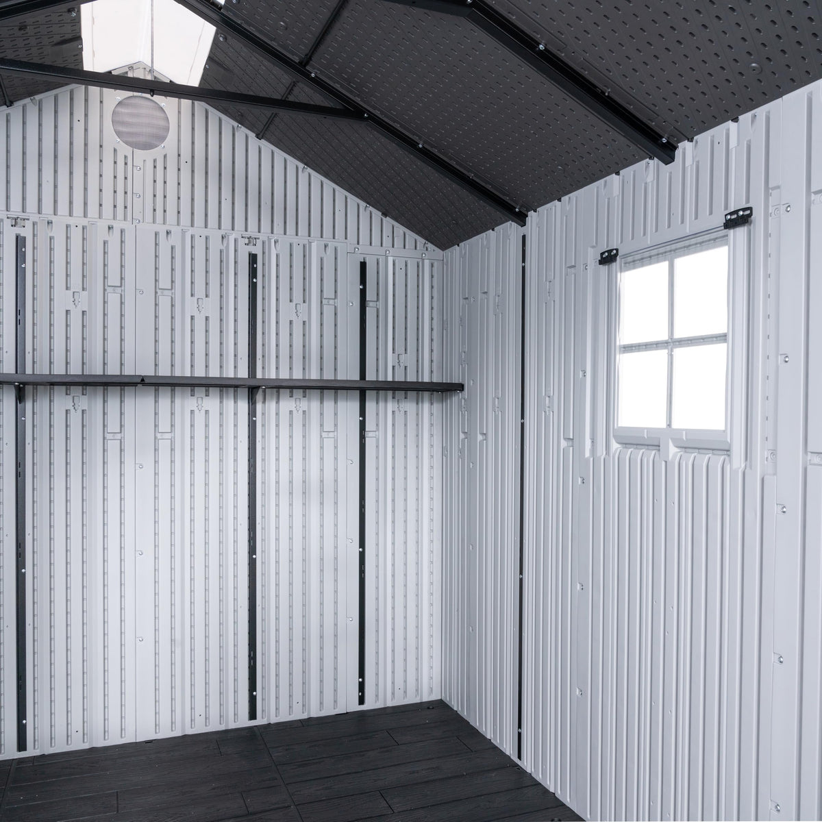 Lifetime 8x10 shed skylights interior view provides bright workspace