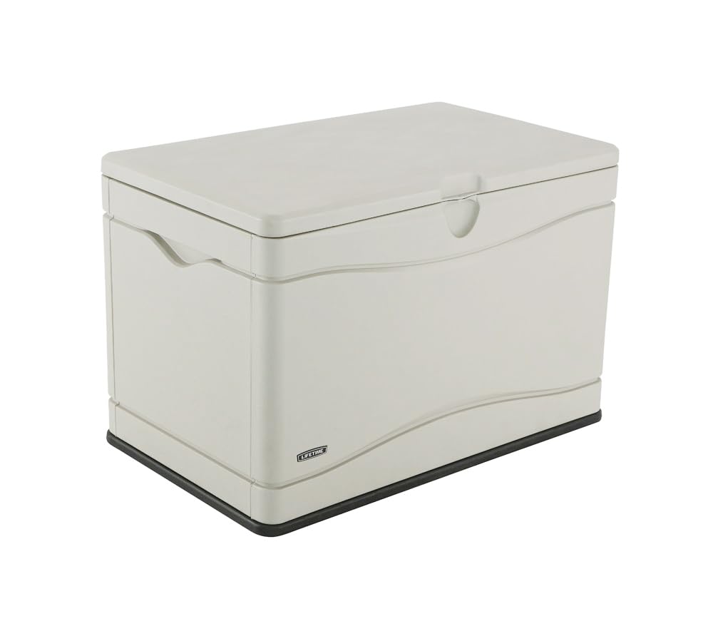 LIFETIME 80-gallon desert sand lid-open image showing spring-hinge mechanism.