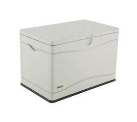 LIFETIME 80-gallon desert sand lid-open image showing spring-hinge mechanism.