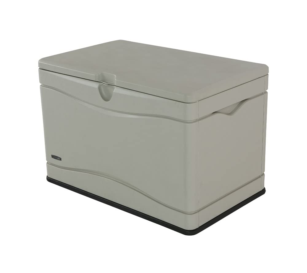 LIFETIME 80-gallon deck box front view with desert sand lid for secure outdoor storage.