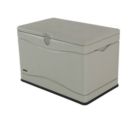 LIFETIME 80-gallon deck box front view with desert sand lid for secure outdoor storage.