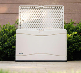 LIFETIME 80-gallon storage box with desert sand accents complementing patio.