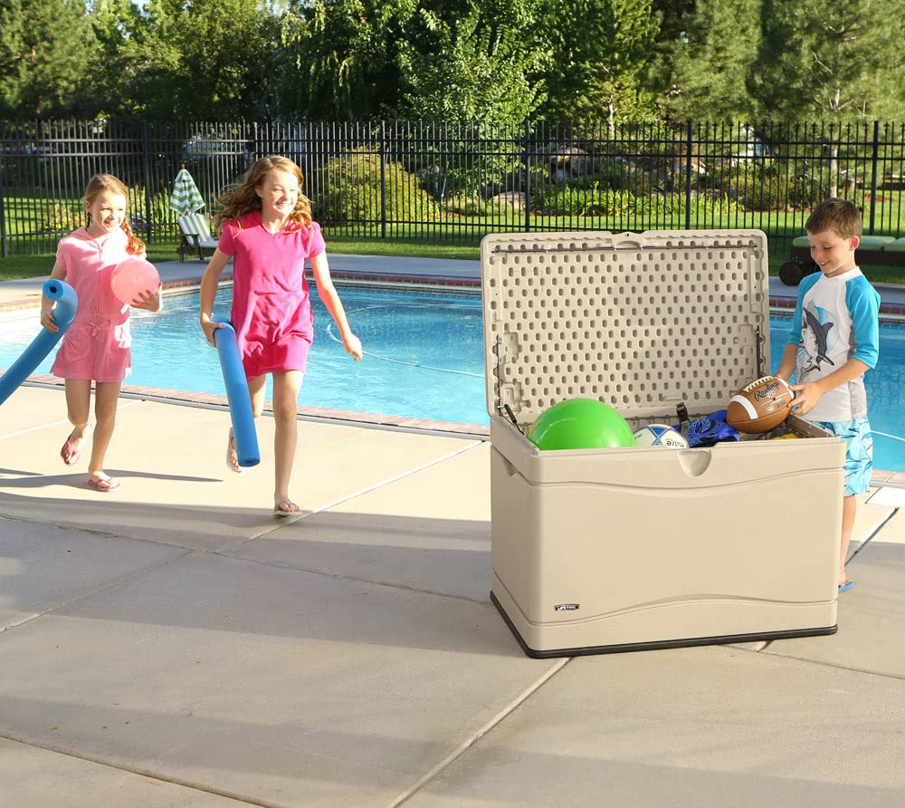 LIFETIME deck box lid closed showing weather-resistant seal.
