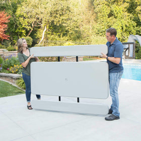 LIFETIME picnic table with umbrella hole cap for shade and convenience.