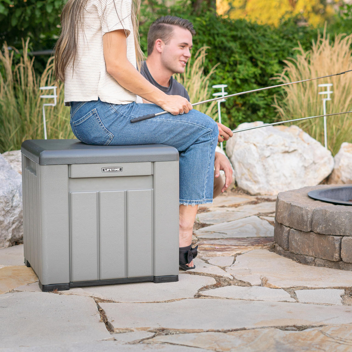 LIFETIME storage cube 25-gallon capacity stores cushions, tools, and more.