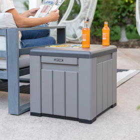 LIFETIME storage cube integrated side handles enable easy movement around the yard.