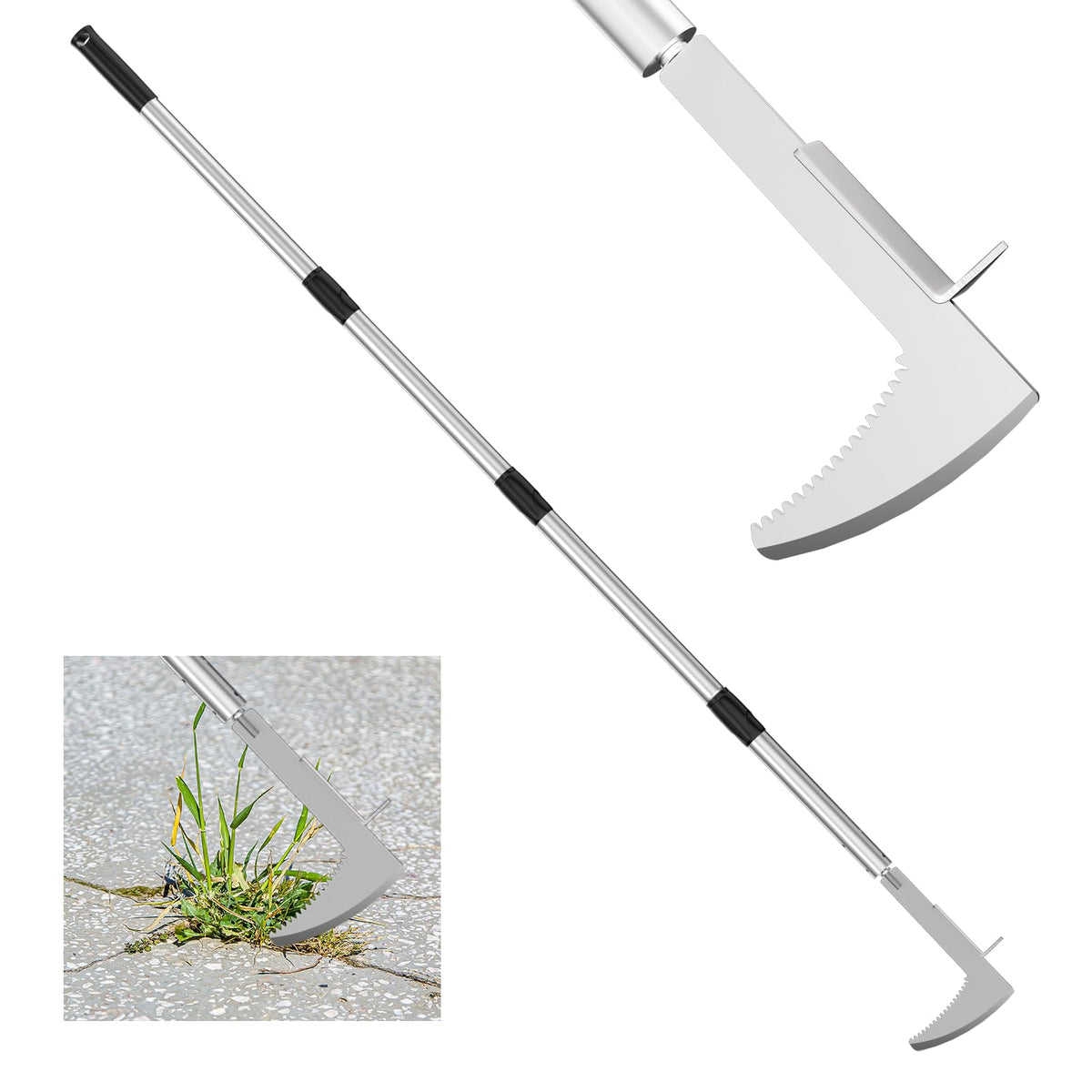LIFFEE crack weeder with stainless steel head and adjustable reach for tight gaps