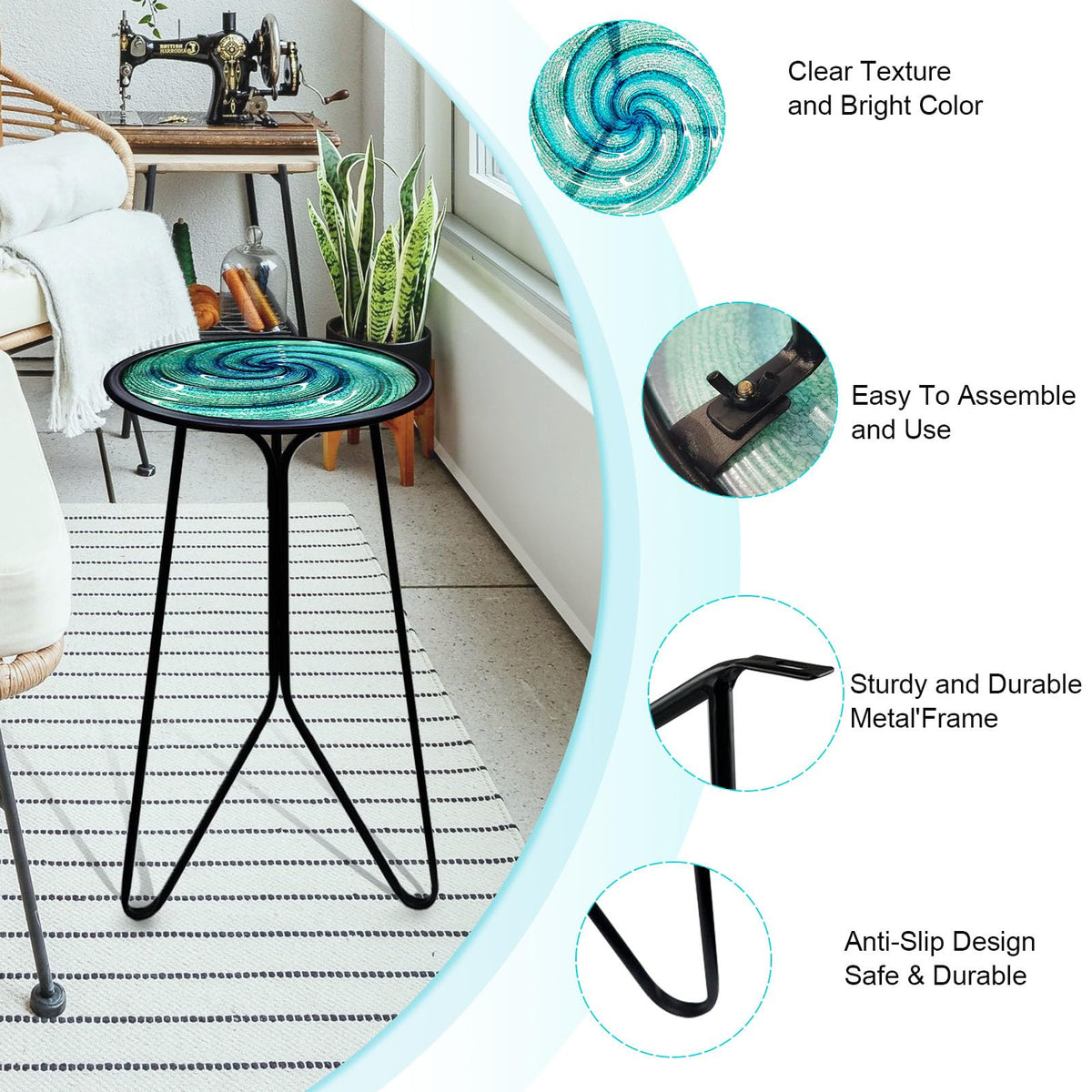 LIFFY table top features blue whirl pattern for artistic flair