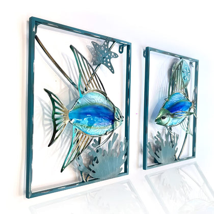 LIFFY metal fish wall decor with blue frame and LED lights brightens your outdoor patio