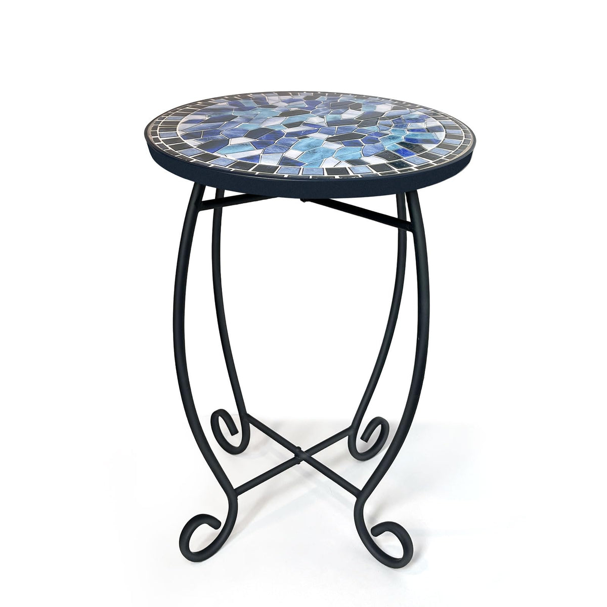 LIFFY outdoor side table with relief ceramic tiles atop a black scrollwork base for patio decor