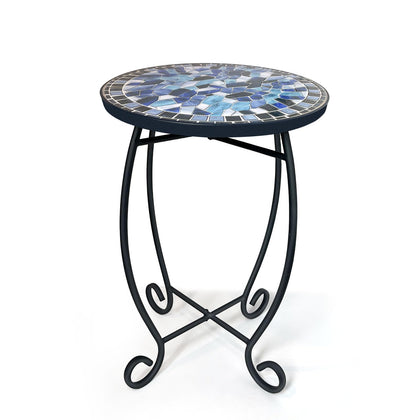 LIFFY outdoor side table with relief ceramic tiles atop a black scrollwork base for patio decor
