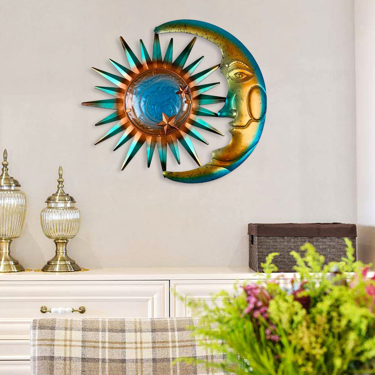 Liffy 12x12 Inch Sun Wall Decor creates a welcoming porch focal point.