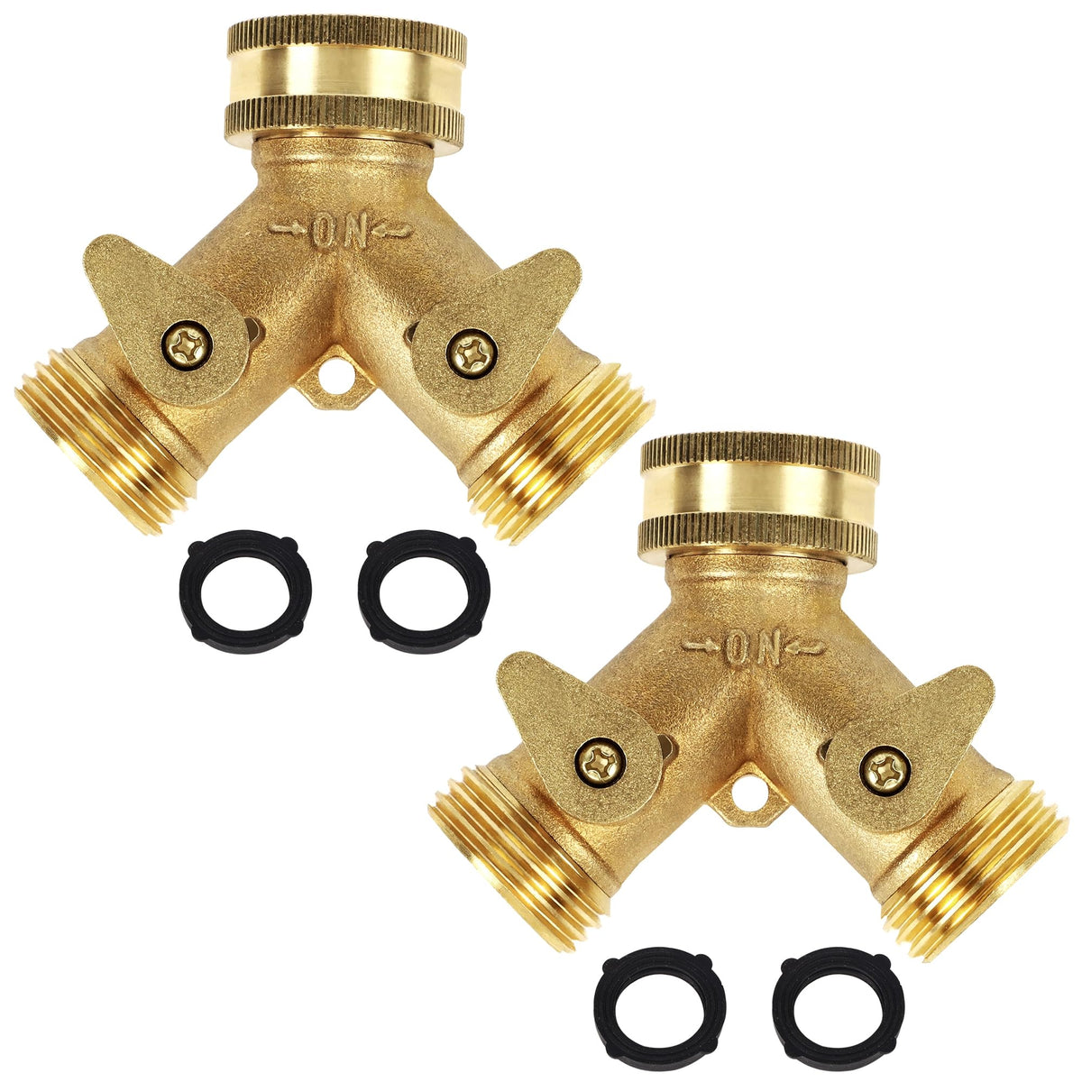 Lifynste 2-Way Brass Hose Splitter front view with independent valves for dual watering tasks