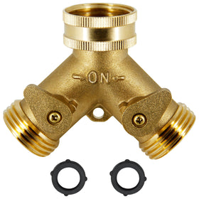 Lifynste brass hose splitter with two valves for independent flow control.