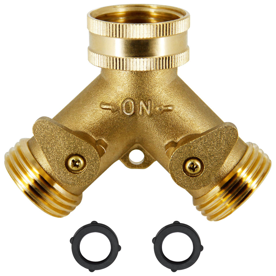 Lifynste brass hose splitter with two valves for independent flow control.