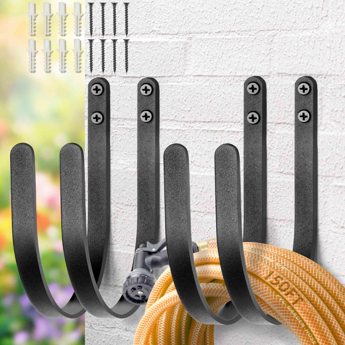 Lifyzoon garden hose holder close-up shows rust-proof finish keeping hoses organized