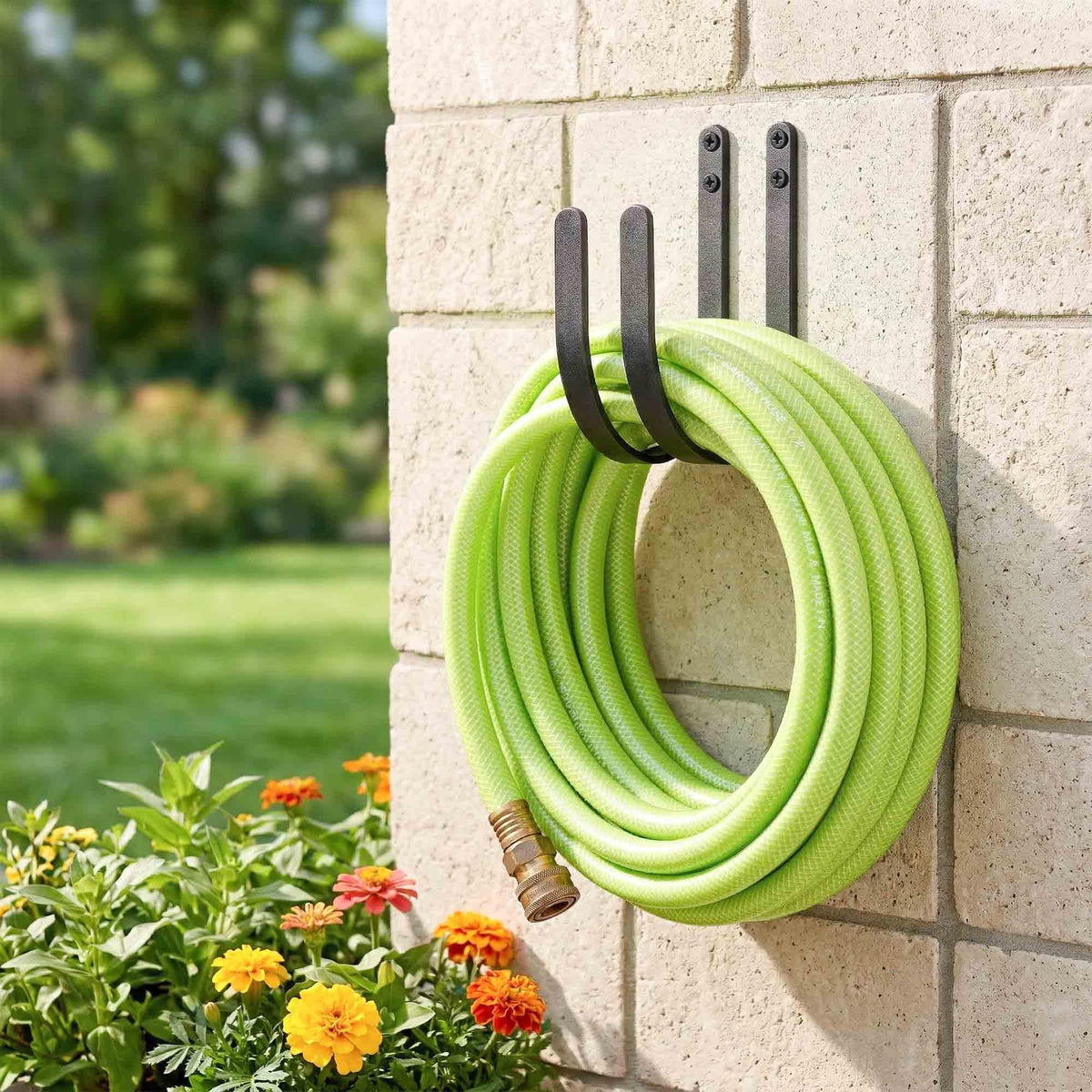 Lifyzoon wall-mount hose hanger on wooden fence demonstrates sturdy outdoor storage
