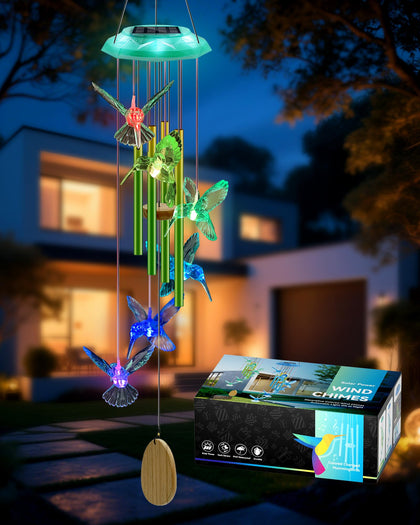 Lightalent Hummingbird Solar Wind Chime glows at night for garden ambiance.
