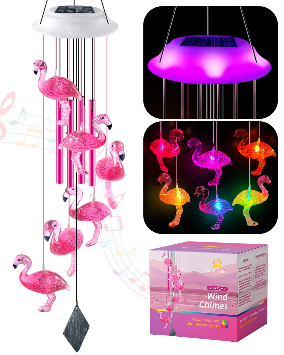 Lightalent Solar Flamingo Wind Chime pink-top glow for cozy garden nights.