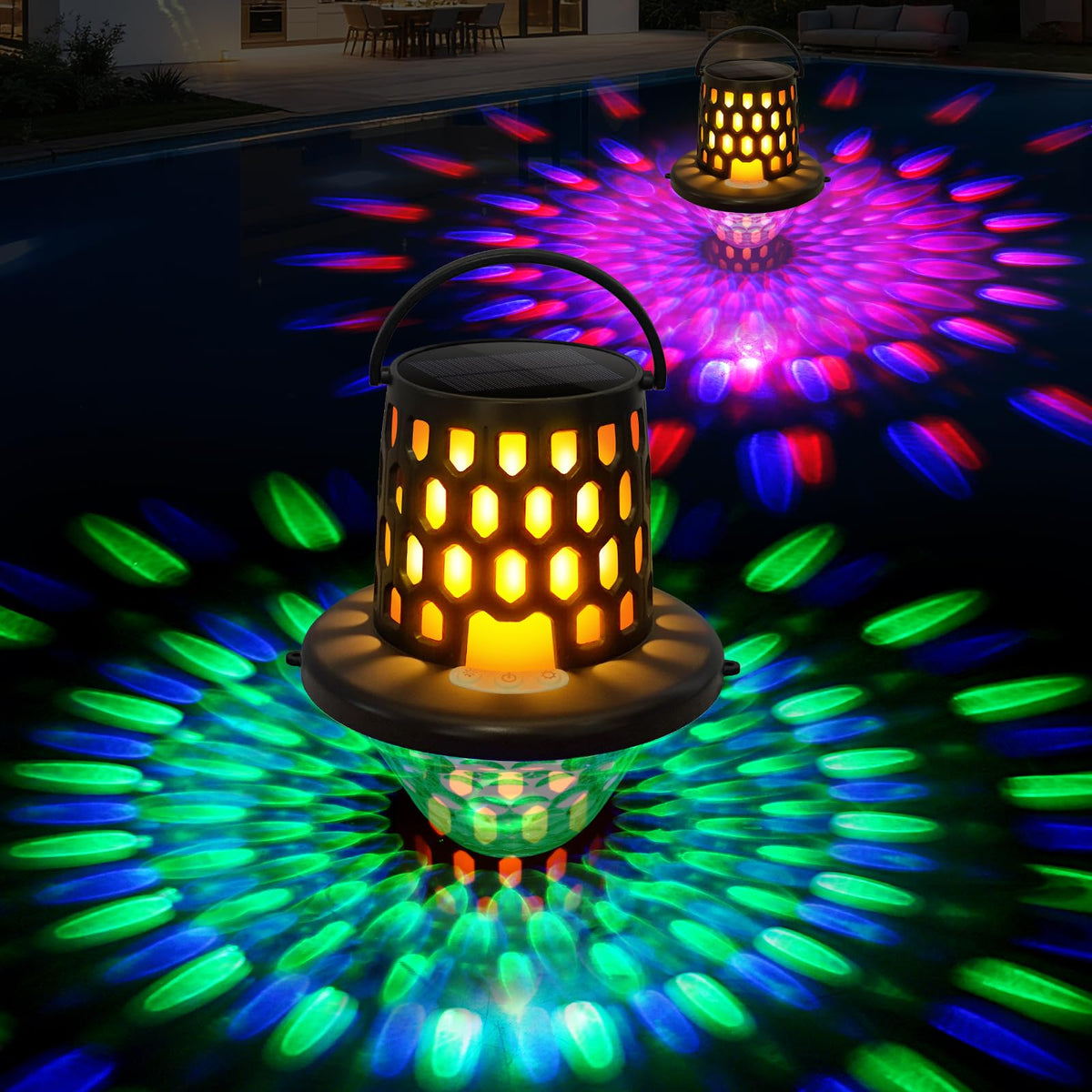 LightHacker floating pool light dual-zone glow enhances outdoor ambiance at night.