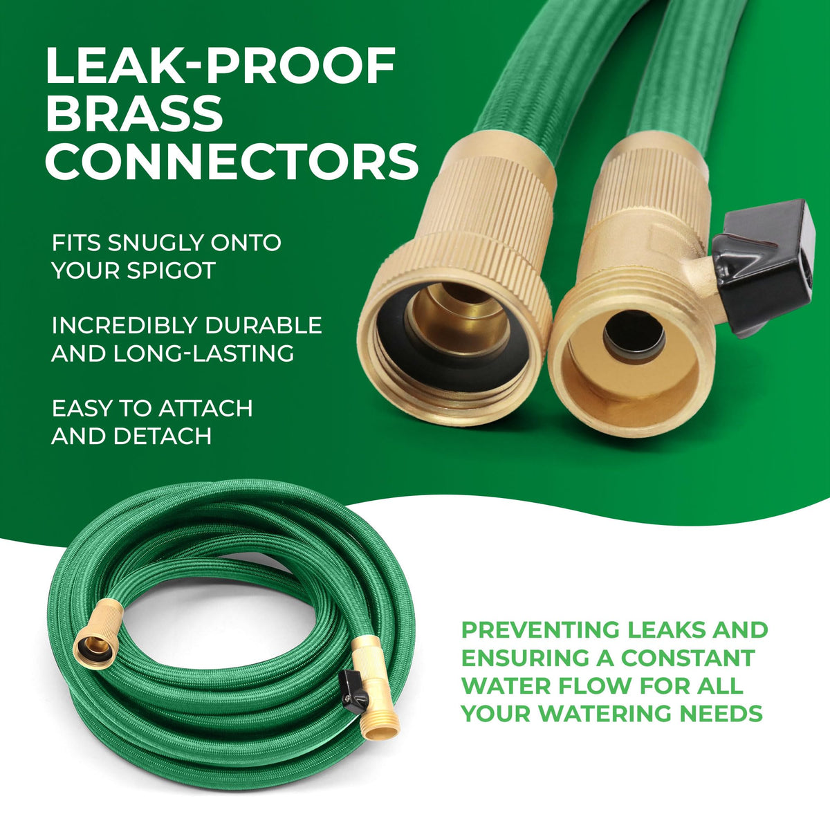 LightHose durable brass connectors attached to a spigot for leak-free operation.