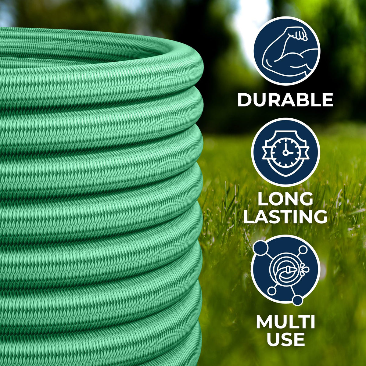 LightHose garden hose stored beside a bed ready for irrigation.