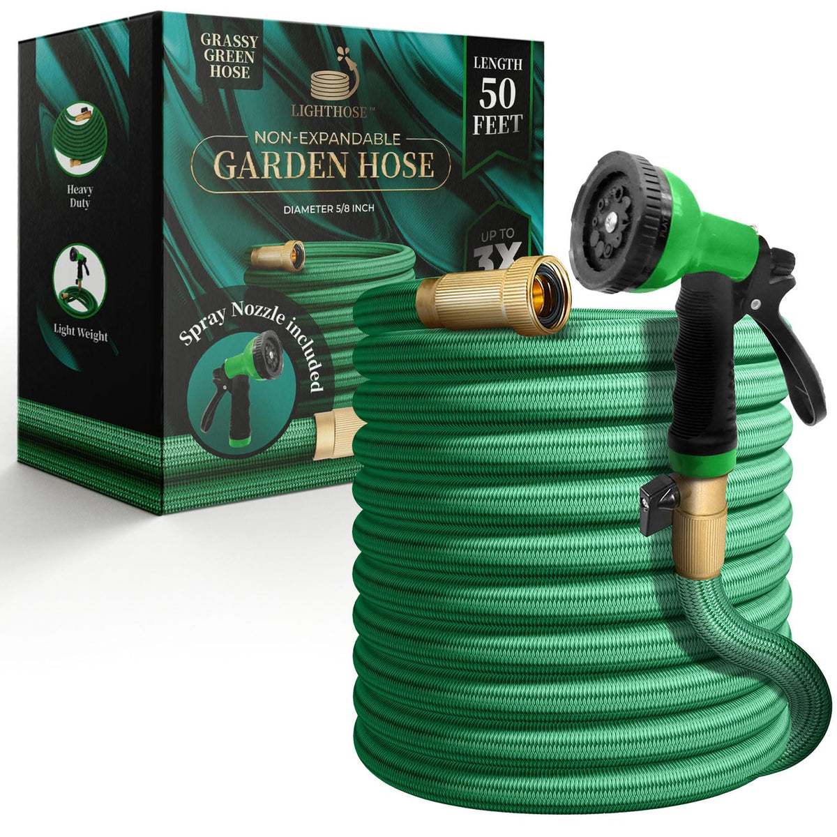 LightHose grassy green 50 ft hose coiled for easy watering and storage.