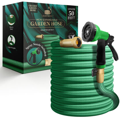 LightHose grassy green 50 ft hose coiled for easy watering and storage.
