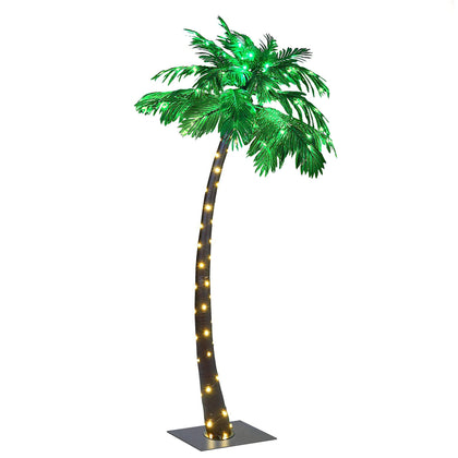 Lightshare 7ft palm tree with trunk and leaves lit by LEDs for patio ambiance.