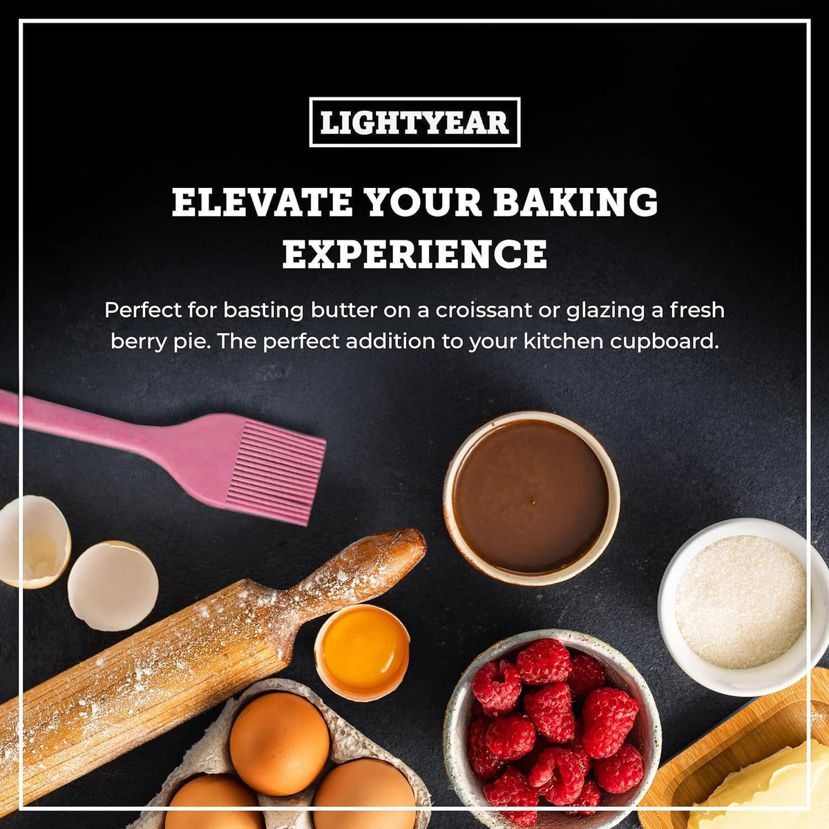 Lightyear brush with dense bristles for thorough marinade coverage.