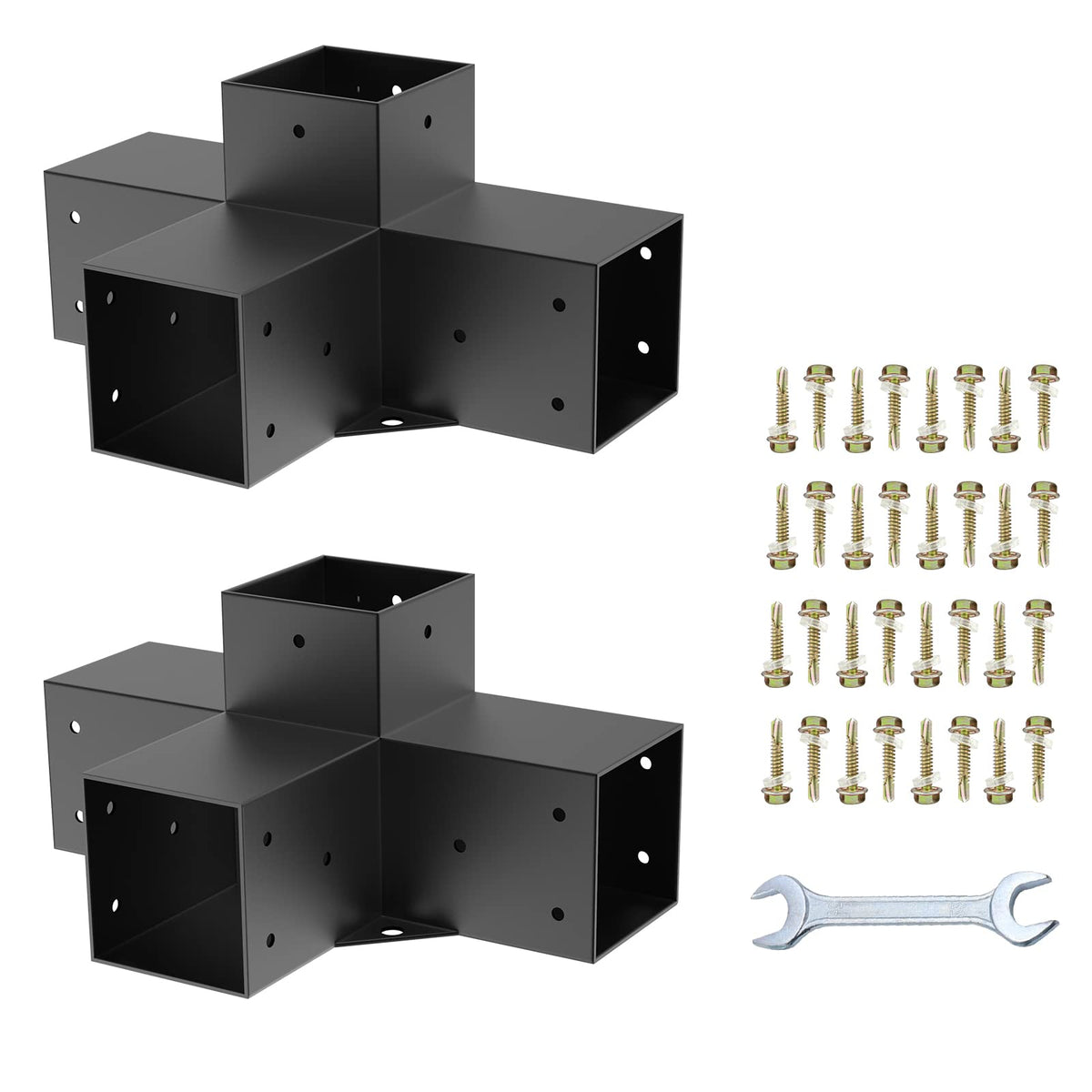 Likeem Woodworks 4-way bracket installed on a 4x4 post for a stable outdoor frame