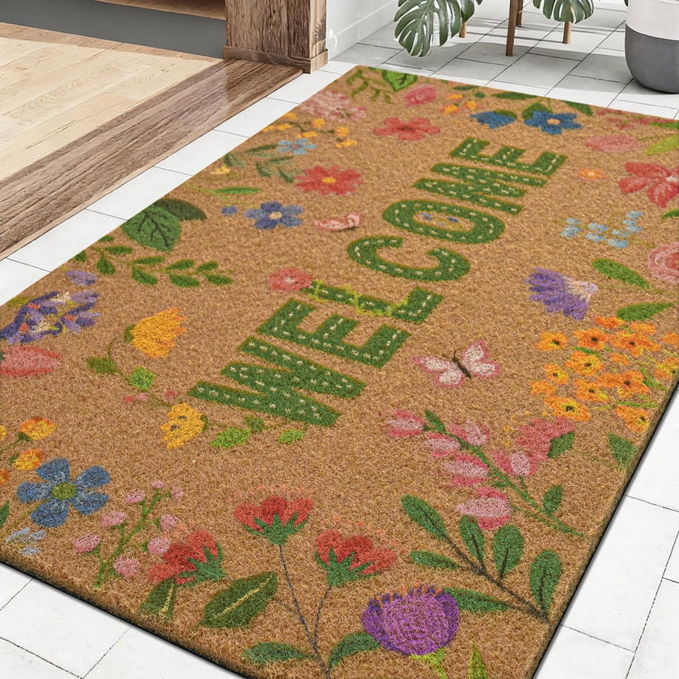 Likiyol floral coir door mat with colorful flowers and butterflies enhances entryway curb appeal while trapping dirt