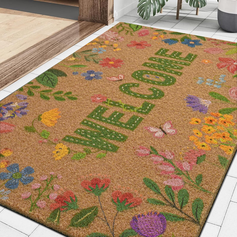 Likiyol floral coir door mat with colorful flowers traps dirt at the entry