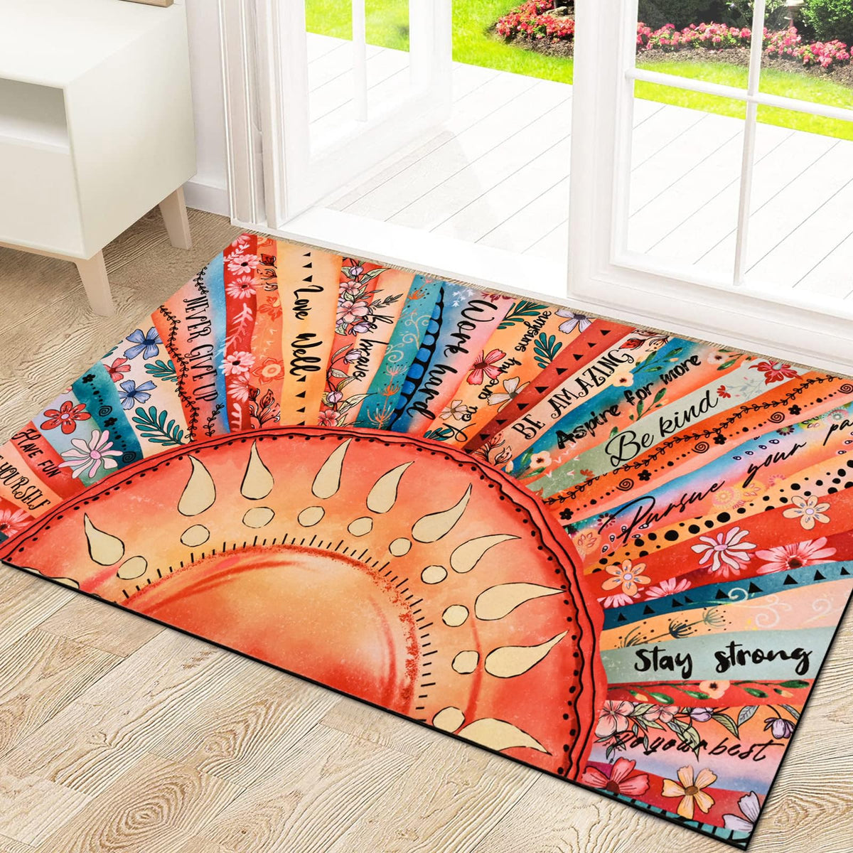Likiyol sun-pattern welcome mat enhances curb appeal and welcomes guests.